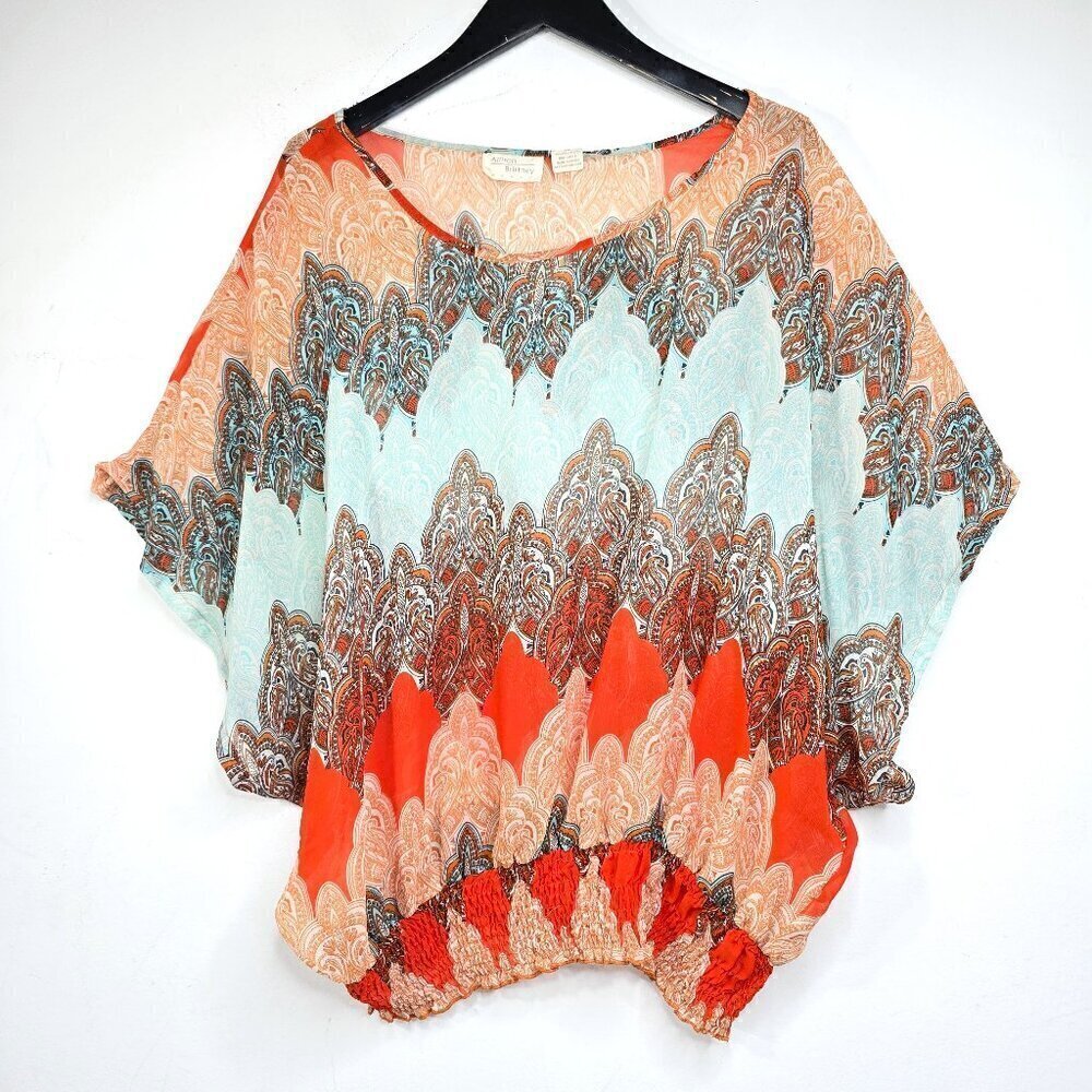 Allison Brittney Orange BOho Paisley Sheer Smocked Relaxed Fit Blouse